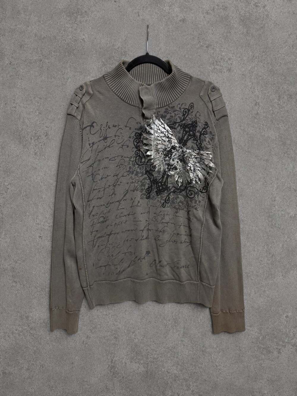 Y2K Grunge Wing Graphic Mock Neck Pullover Sweater Taupe